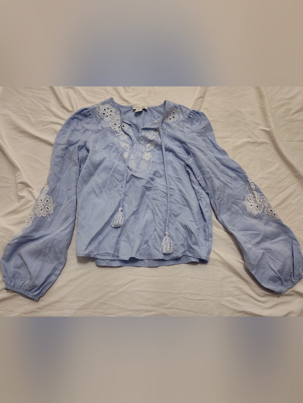 Rachel Zoe Powder Blue Embroidered Peasant Linen Blouse Size S